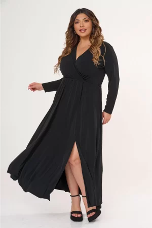 Φόρεμα maxi κρουαζέ, με σκίσιμο στη μέση του ποδιού. Χρώμα: Μαύρο .