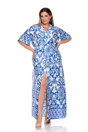 Φόρεμα maxi Σεμιζιέ, κρεπ σατέν Μάο γιακά -S10447-1